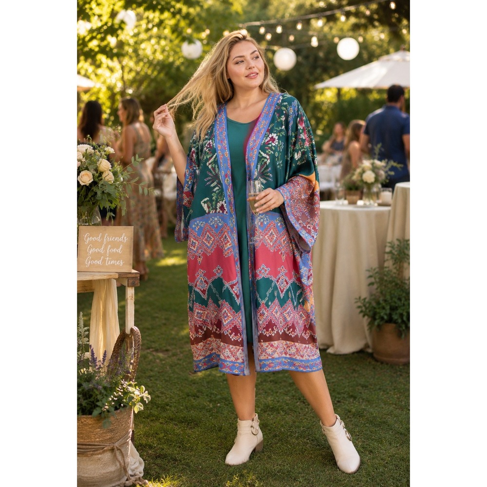 New UMGEE Size XL 1XL Front Kimono Cardigan Duster Boho Print Flower Midi NWT